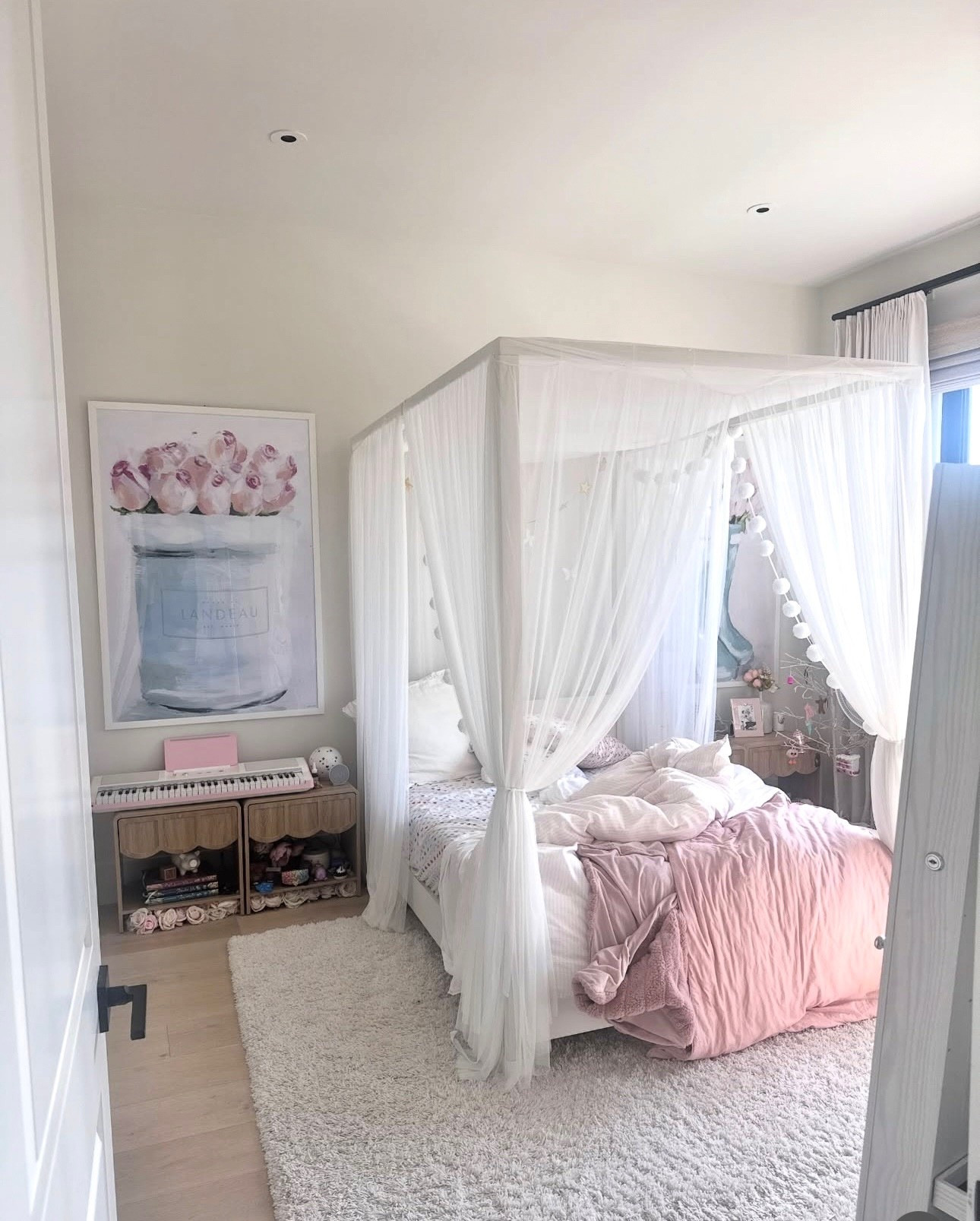 The cutest canopy bed in my daughter’s bedroom! She loves all the pink accessories. Linked a similar shag rug! 💗

#LTKHome #LTKKids