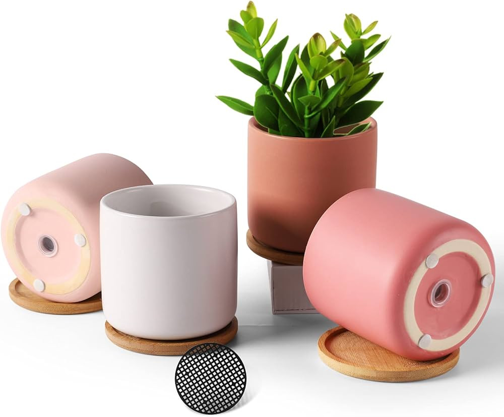 4 Inch Ceramic Plant Pots with Drainage Holes and Trays, Adorable Small Cylinder Flower Planter P... | Amazon (US)