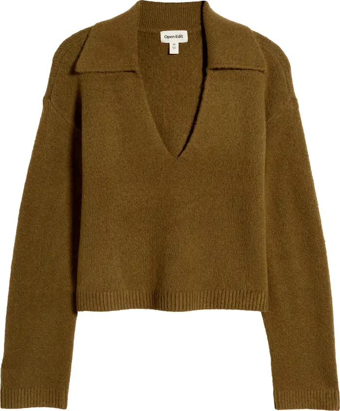 Open Edit Johnny Collar Boxy Crop Sweater | Nordstrom | Nordstrom