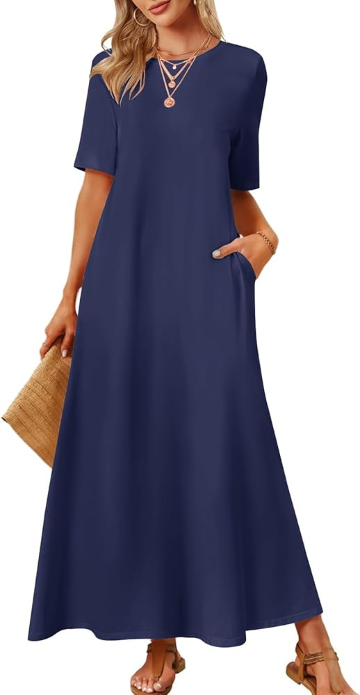 MEROKEETY Women's 2025 Summer Casual Short Sleeve Maxi Dress Beach Vacation Crewneck Basic Long T... | Amazon (US)