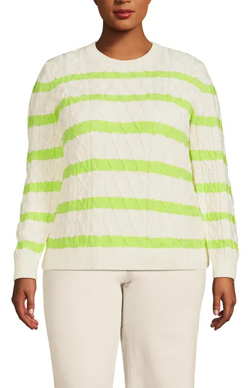 Lands' End Cotton Drifter Crew Cable Pullover Sweater in Ivory/limoncello Gulf Stripe at Nordstrom, Size 1 X | Nordstrom