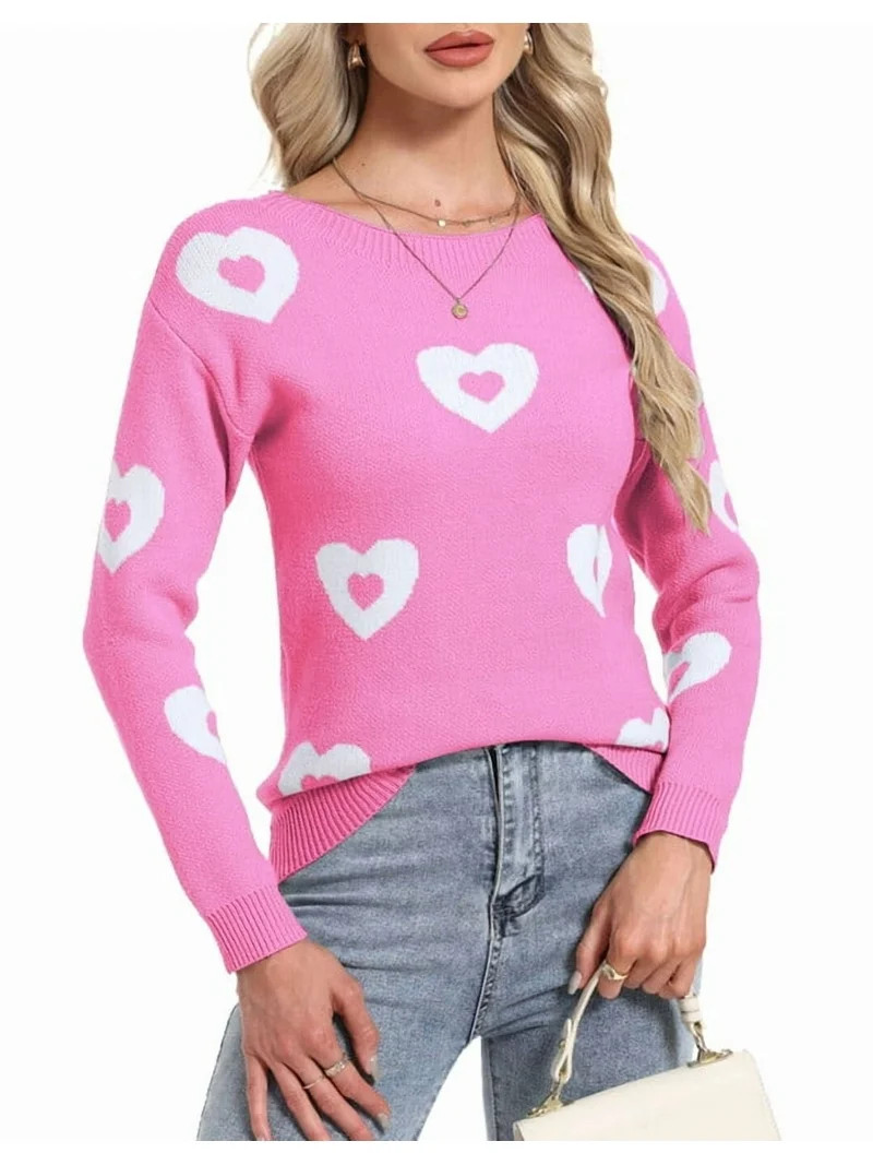 Heart Sweaters for Women Knit Warm Pullover Sweater Cute Heart Printed Valentine's Day Sweater Sh... | Walmart (US)