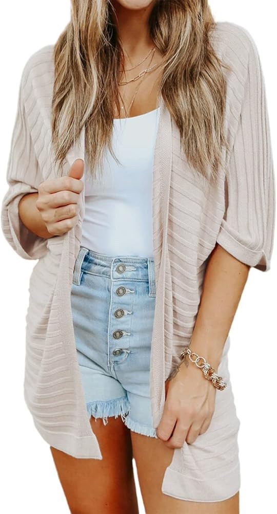 SHEWIN Women's Casual Long & 3/4 Sleeve Open Front Lightweight Cable Knit Kimono Cardigan Sweater... | Amazon (US)