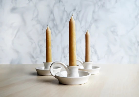 White Taper Candle Holder With Handle  Ceramic Candlestick | Etsy Canada | Etsy (CAD)