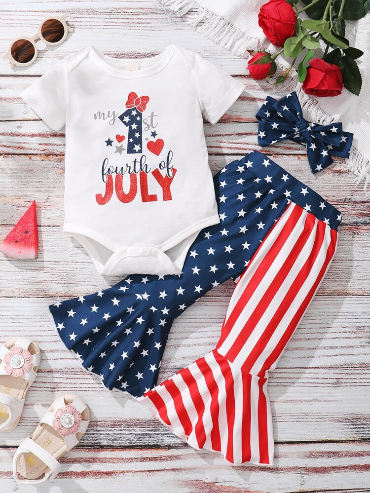 Baby Independence Day Print Bodysuit With Flare Leg Pants & Headband | SHEIN