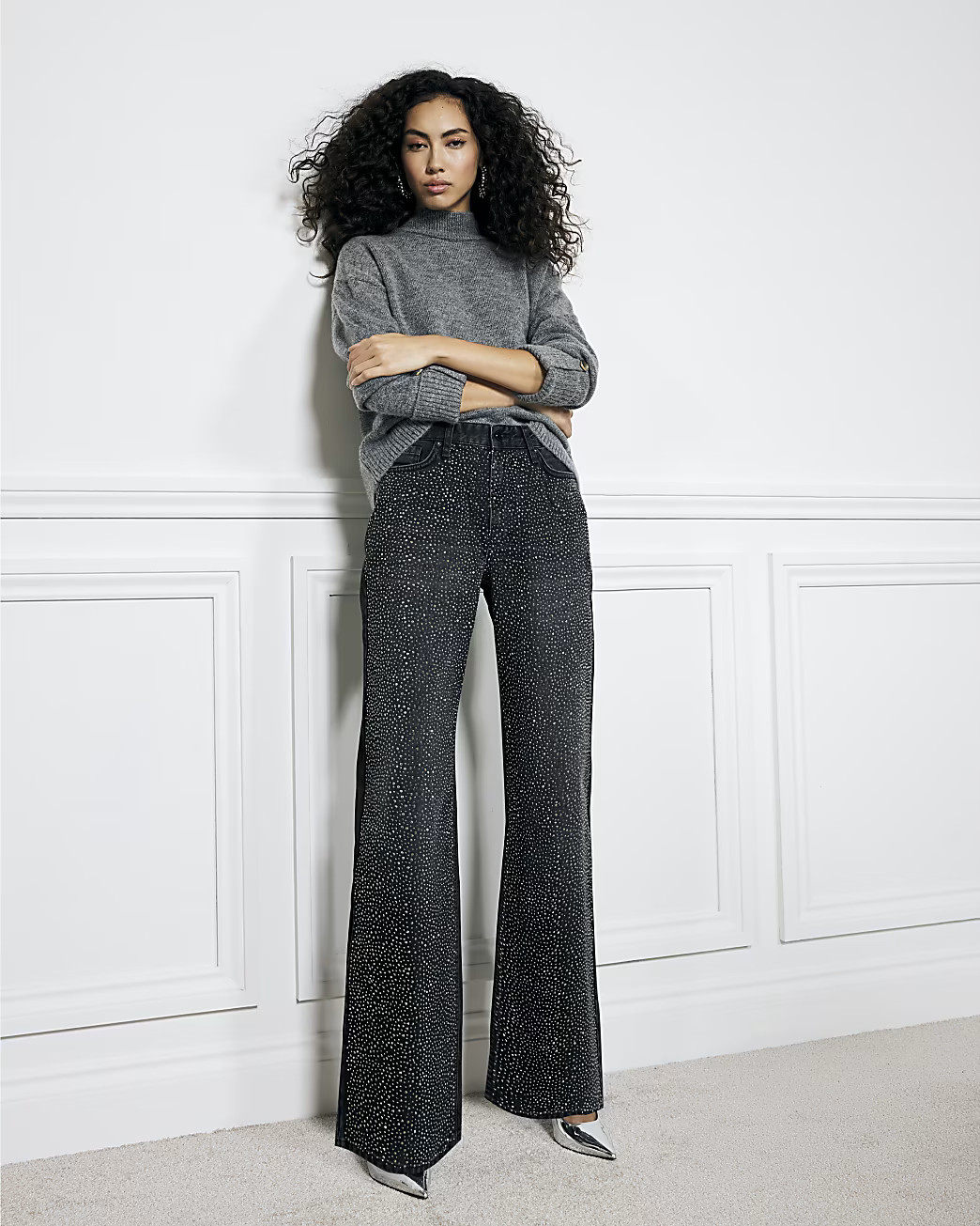 Black Diamante Relaxed Straight Jeans | River Island UK & IE
