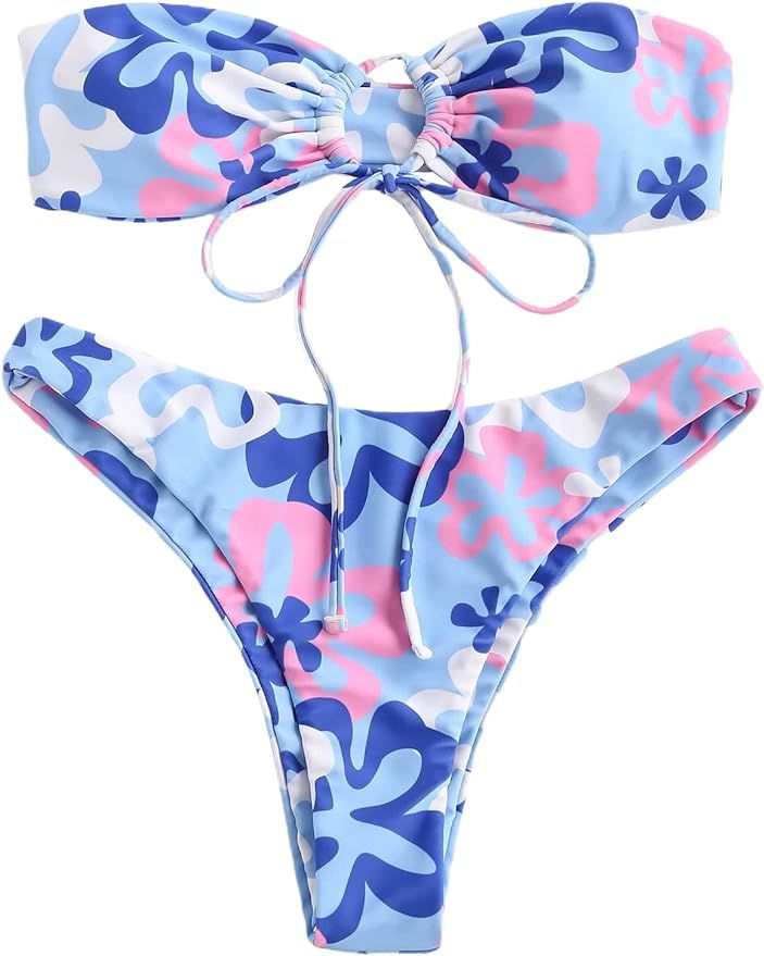 MakeMeChic Women's 2 Pieces Bandeau Swimsuits Tie Front High Cut Bikini Bathing Suit | Amazon (US)
