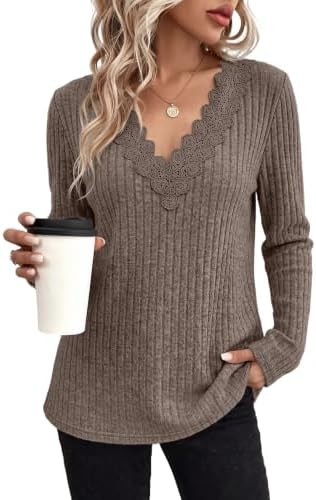 WIHOLL Womens Long Sleeve Tops V Neck Lace Trim Dressy Casual Fall Outfits Sweaters | Amazon (US)