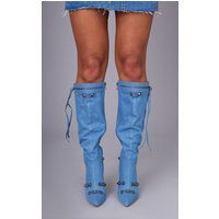 Denim Zip Detail Point Toe Mid Heeled Knee Boots | PrettyLittleThing UK