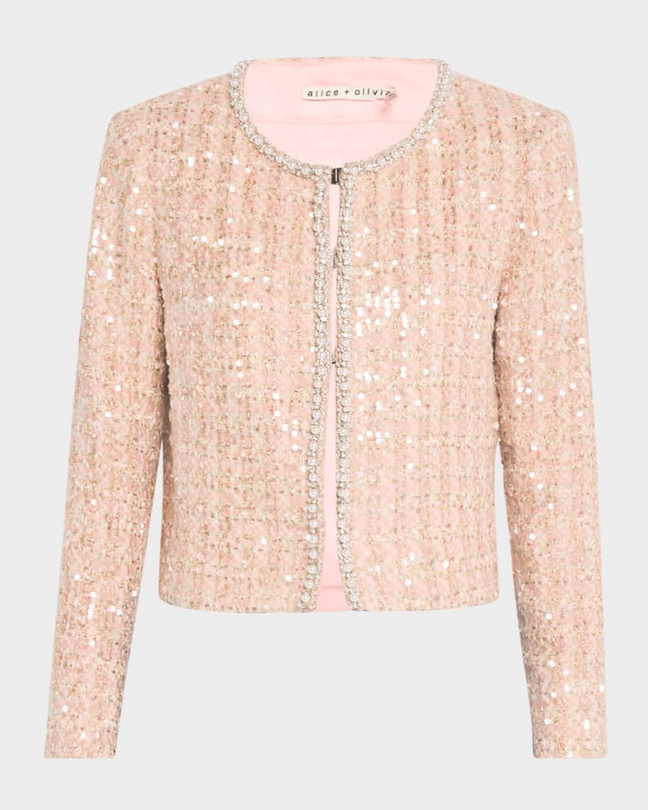 Alice + Olivia Kidman Embellished Plaid Tweed Boxy Jacket | Neiman Marcus