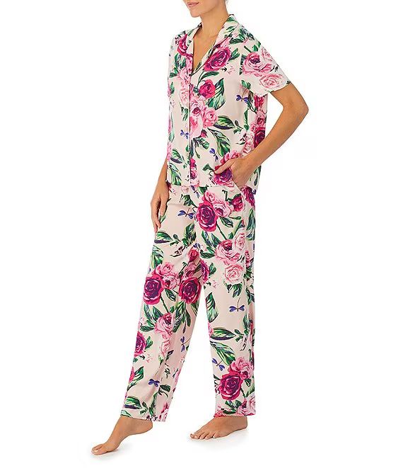 Pink Floral Print Short Sleeve Notch Collar Satin Pajama Set | Dillard's