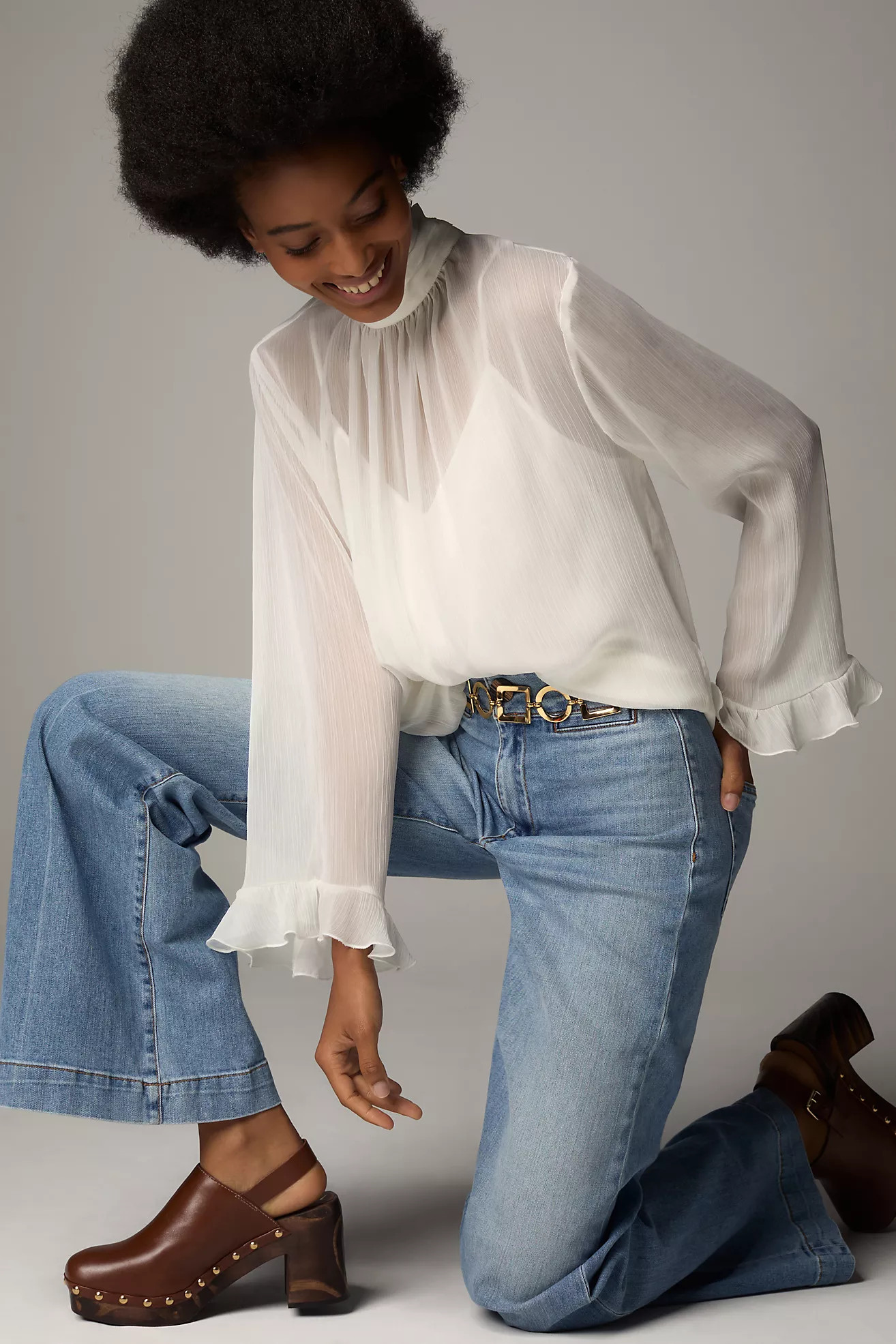 By Anthropologie Long-Sleeve High-Neck Sheer Blouse | Anthropologie (US)