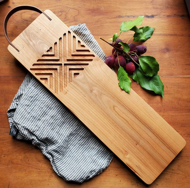 Solid Walnut or Cherry bread board, serving tray with real leather handle | Etsy (US)