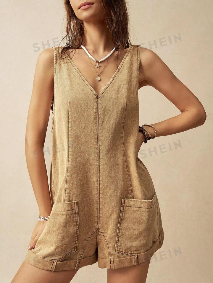 SHEIN BohoFeels Vacation Khaki Backless Women's Jumpsuit | SHEIN