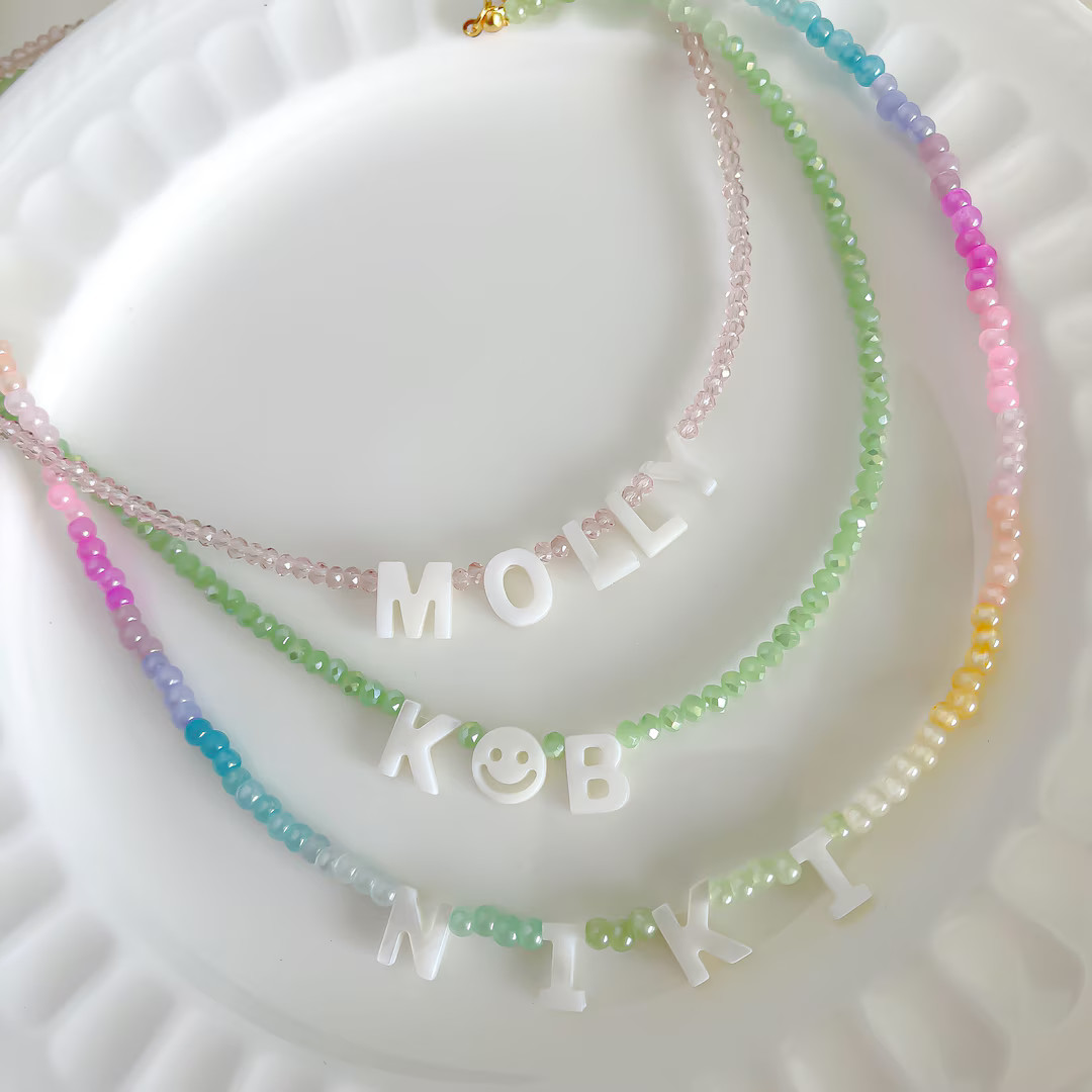 Custom Bead Necklace With Mother of Pearl Letters, Personalized Word Necklace, New Mom Necklace, ... | Etsy (US)