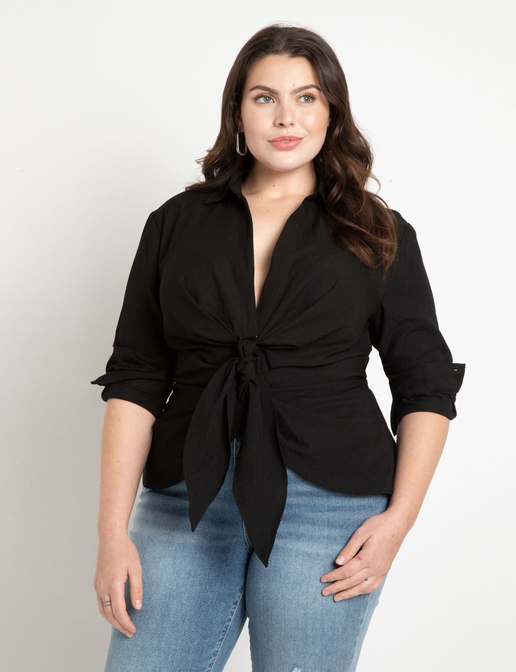 Tie Front Collared Blouse | Women's Plus Size Tops | ELOQUII | Eloquii