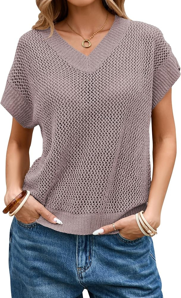 Cakulo Summer Crochet Tops for Women 2025 Short Sleeve V Neck Sheer Sparkly Knit Casual Sweater T... | Amazon (US)