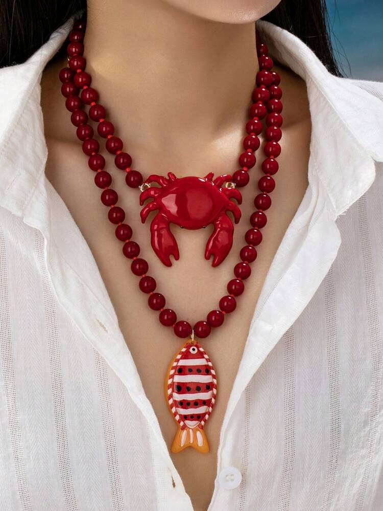 1pc Red Beaded Crab & Fish Pendant Necklace - Bold Ocean Style Statement Necklace With Marine Lif... | SHEIN