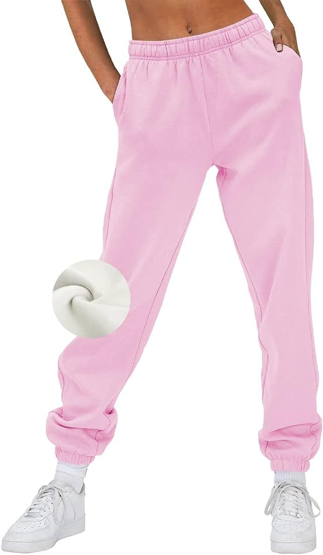Amazon.com: EFAN Pink Sweatpants Womens Fleece Baggy Sweat Pants Comfy Warm Cotton Joggers High W... | Amazon (US)