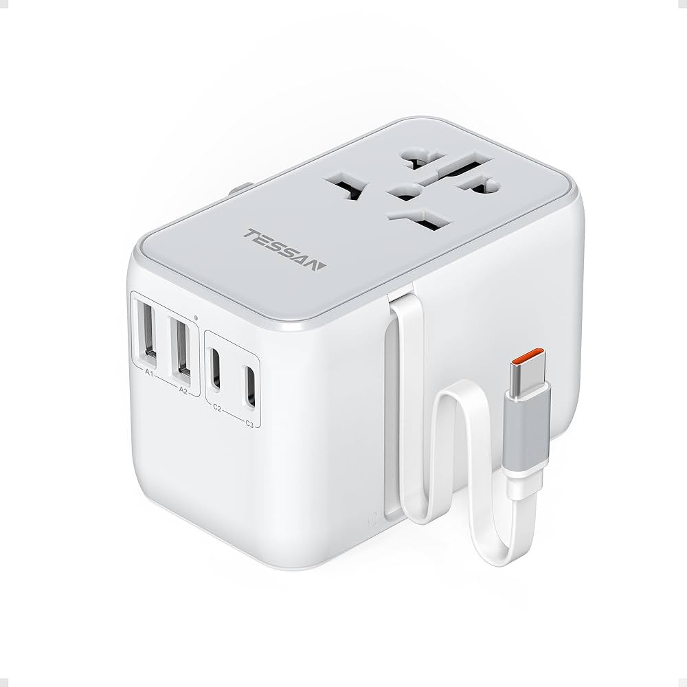 Universal Travel Adapter, TESSAN 35W International Plug Adapter Built-in 1 USB C Cable, 4 USB Por... | Amazon (US)