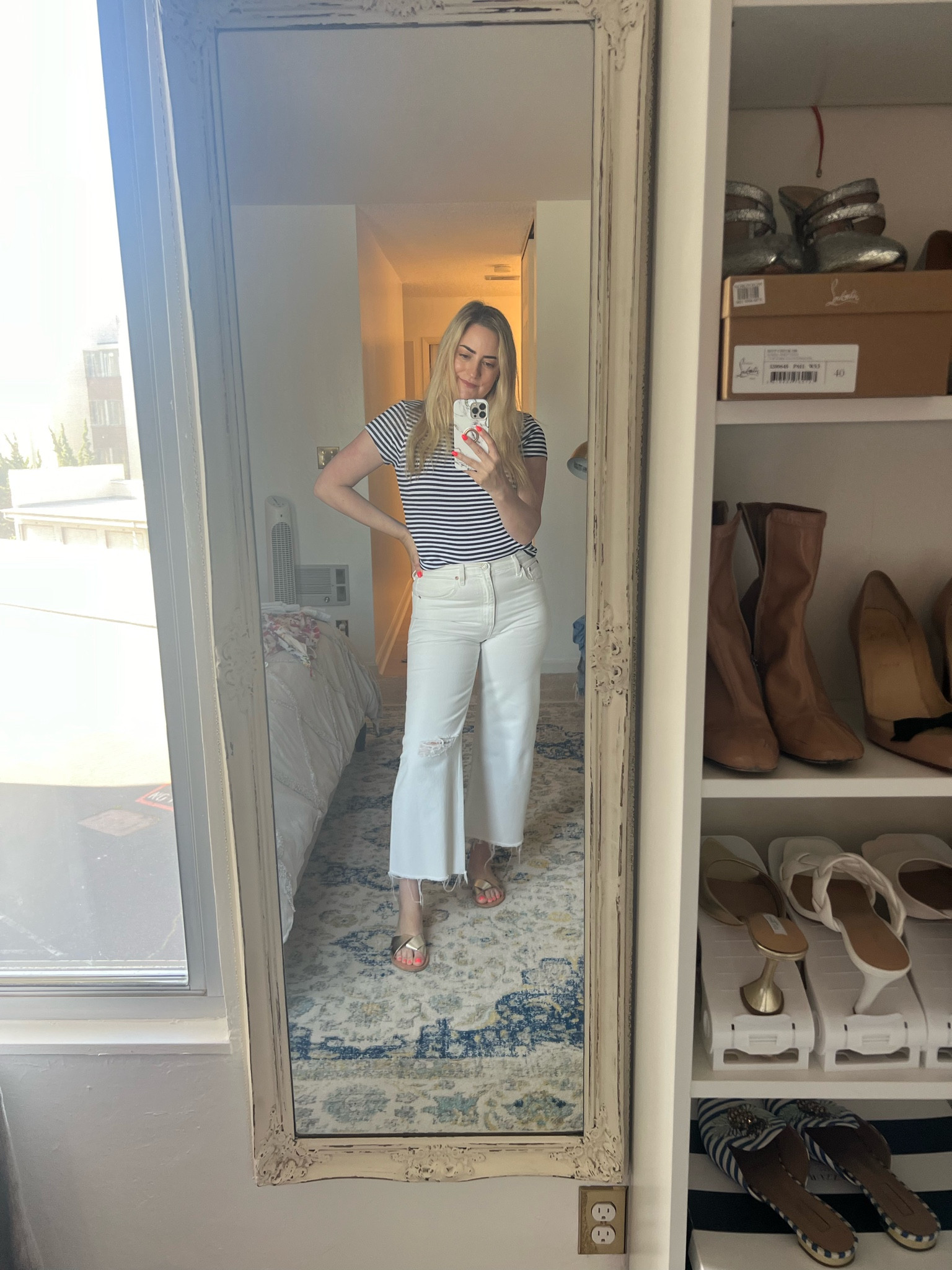 White denim | black and white striped shirt | Madewell | summer casual style | sandals 