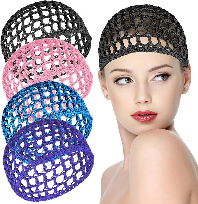 4 Pcs Mesh Crochet Hair Net, Rayon Knit Snood Hat, Hair Wrap for Sleep, Nylon Hairnet Snoods Cove... | Amazon (US)