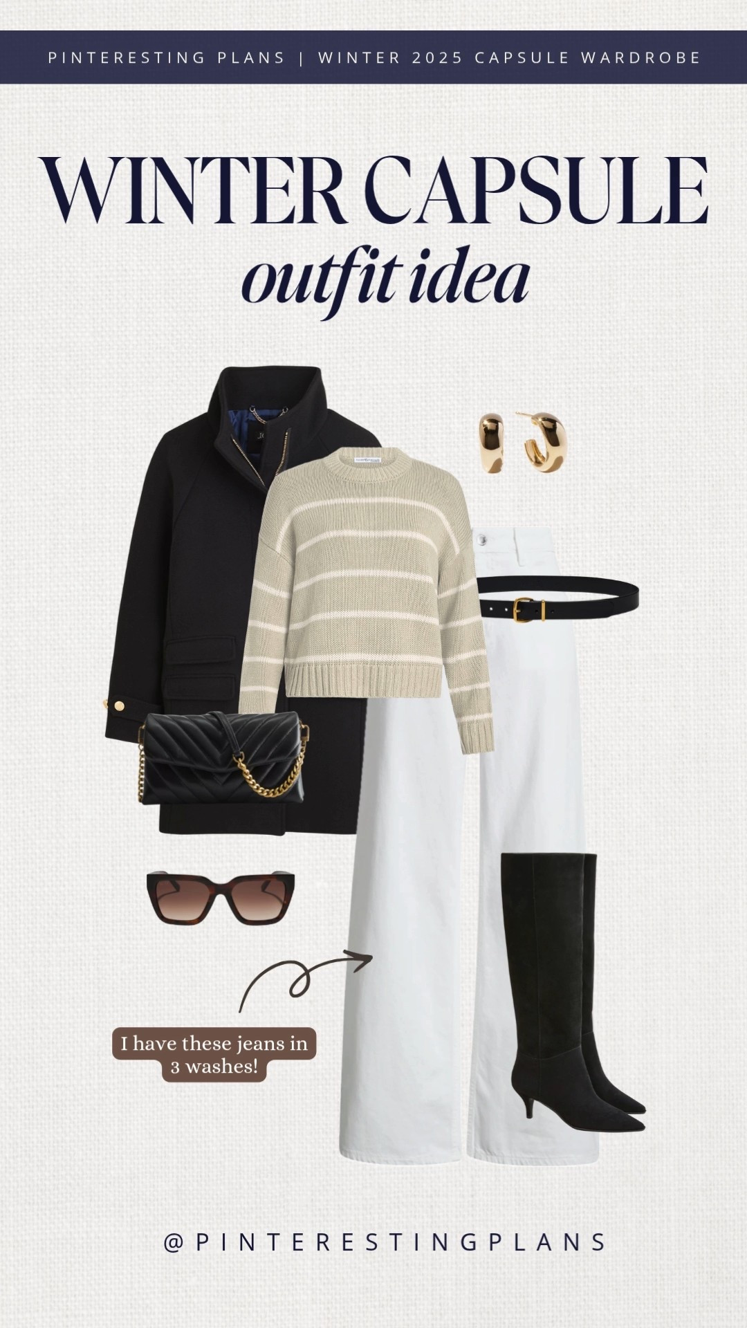 Winter outfit idea from my winter capsule wardrobe 

White wide leg jeans, striped cotton sweater, black wool coat, black knee high boots, black quilted bag, sunglasses, and gold hoop earrings

#LTKFindsUnder50 #LTKShoeCrush #LTKItBag