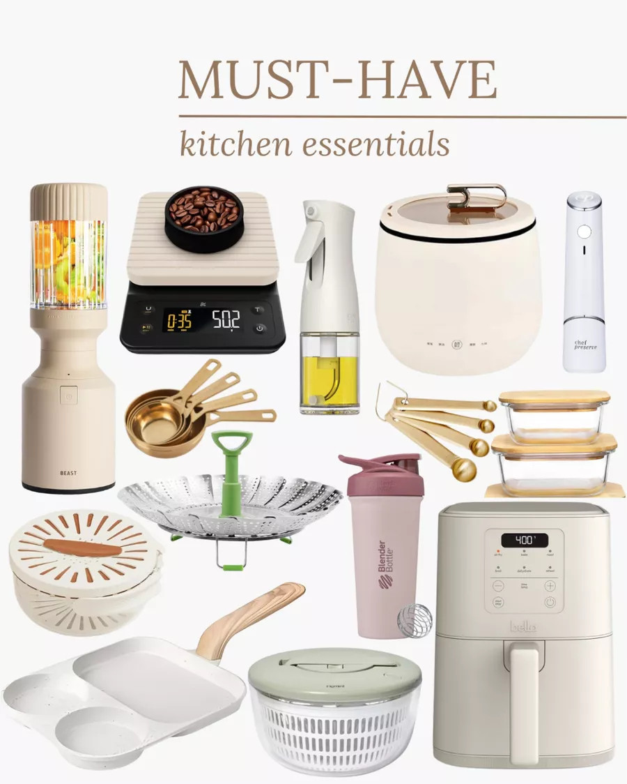 Healthy Eating Kitchen Essentials Kitchen finds neutral kitchen cookware air fryer blender oil spray bottle gold measuring cups pan JustJacsy #LTKStyleTip

 

 #LTKSeasonal #LTKHome