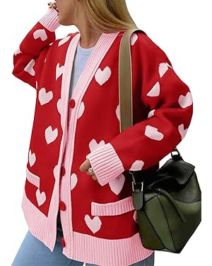 Saodimallsu Womens Oversized Heart Cardigan Color Block V Neck Button Long Sleeve Chunky Valentin... | Amazon (US)