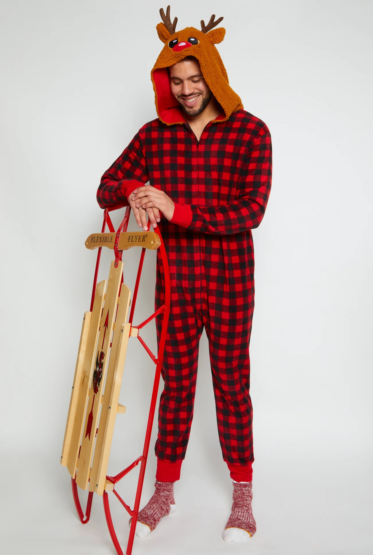 Mens Matching Reindeer Hooded Plaid Onesie Family Pajamas | Rainbow Shops