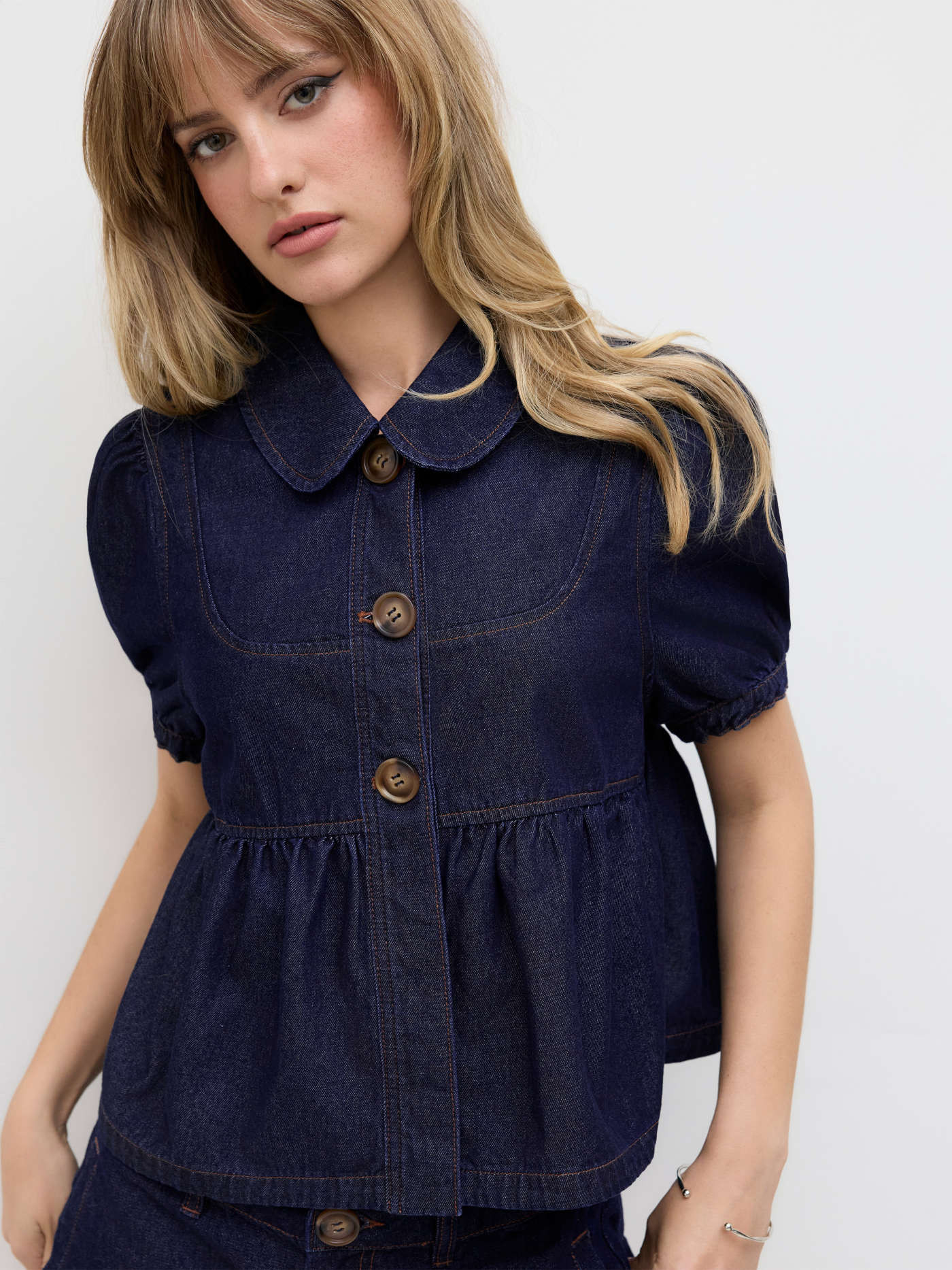 Denim Peter Pan Collar Ruched Puff Sleeve Blouse... | Cider