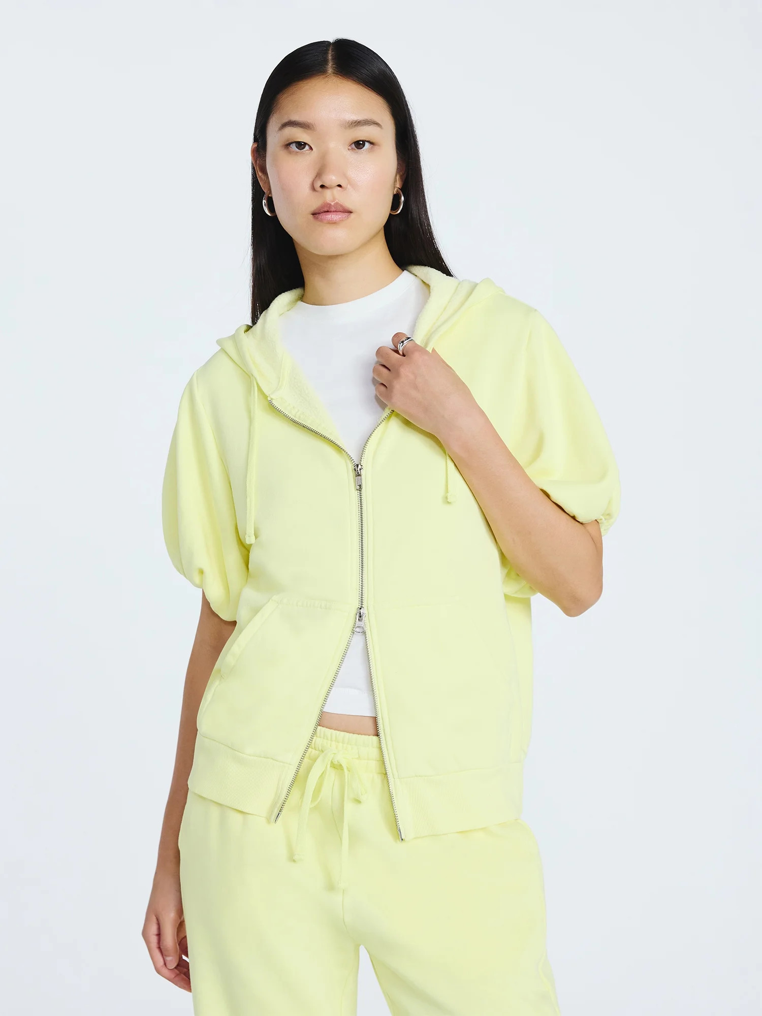 Scoop Women’s Mineral Washed Zip Hoodie with Short Puff Sleeves, Sizes XS-XXL | Walmart (US)