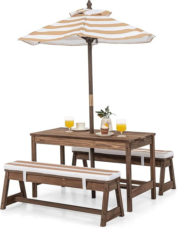 HONEY JOY Kids Picnic Table, Outdoor Wooden Table & Bench Set w/Removable Cushions and Umbrella, ... | Amazon (US)