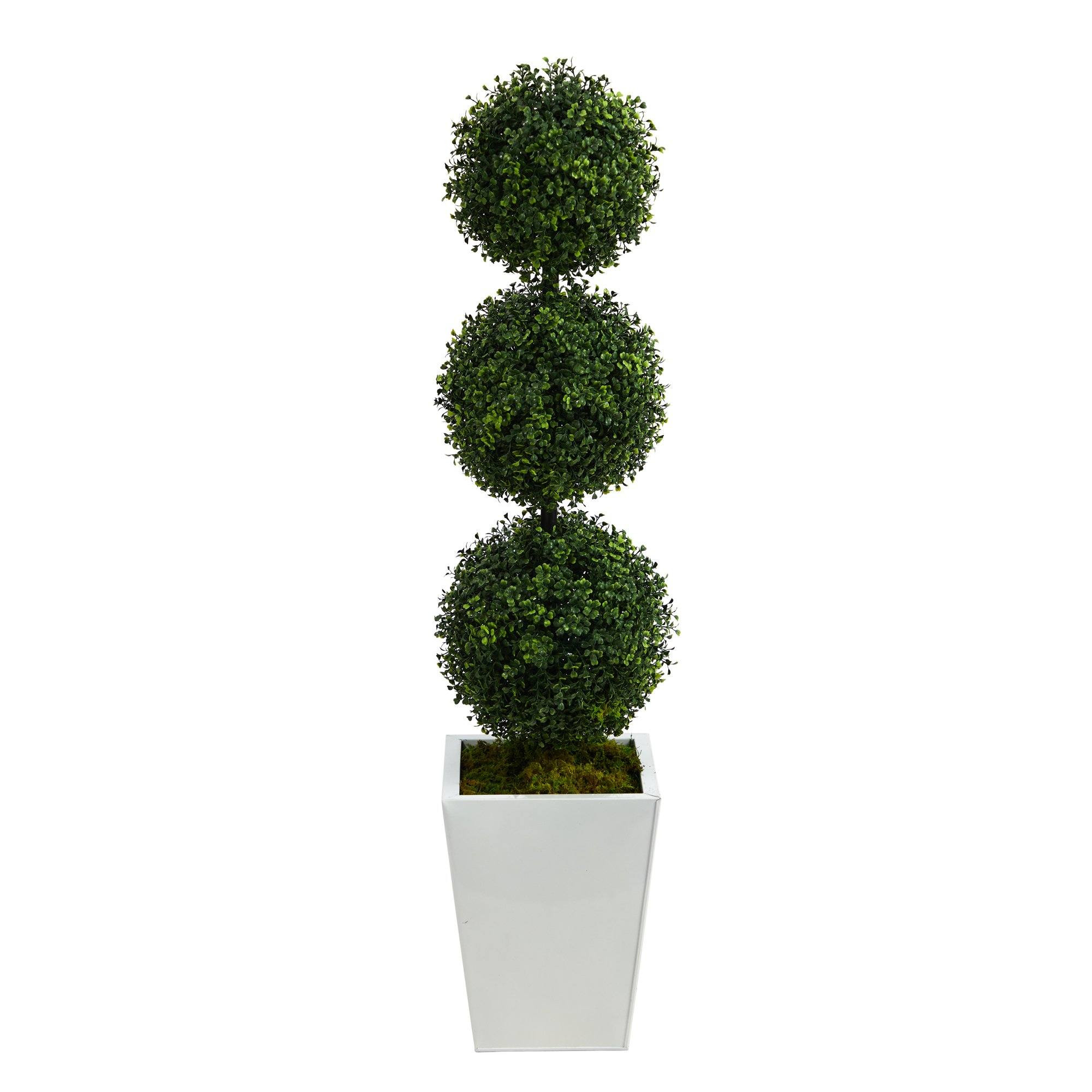 46” Boxwood Triple Ball Topiary Artificial Tree in White Metal Planter (Indoor/Outdoor) | Nearl... | Nearly Natural