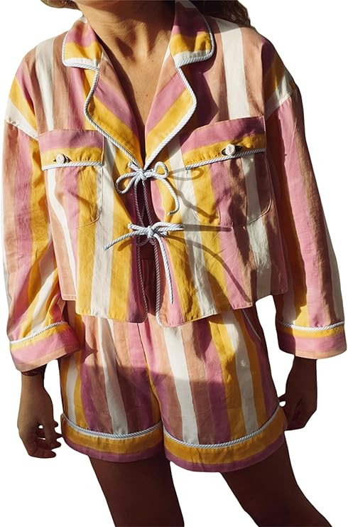 Thopavenoir Women's 2 Piece Floral/Stripe Print Pajamas Sets Long Sleeve Tie Front Shirt + Wide L... | Amazon (US)