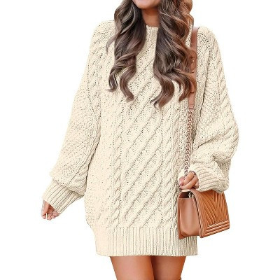 LEVEN SIXTEEN Women's Oversized Chunky Knit Sweater Dress | Long Sleeve Cable Knit Short Dress for Fall Winter Vacations Beige Beige Medium | Target