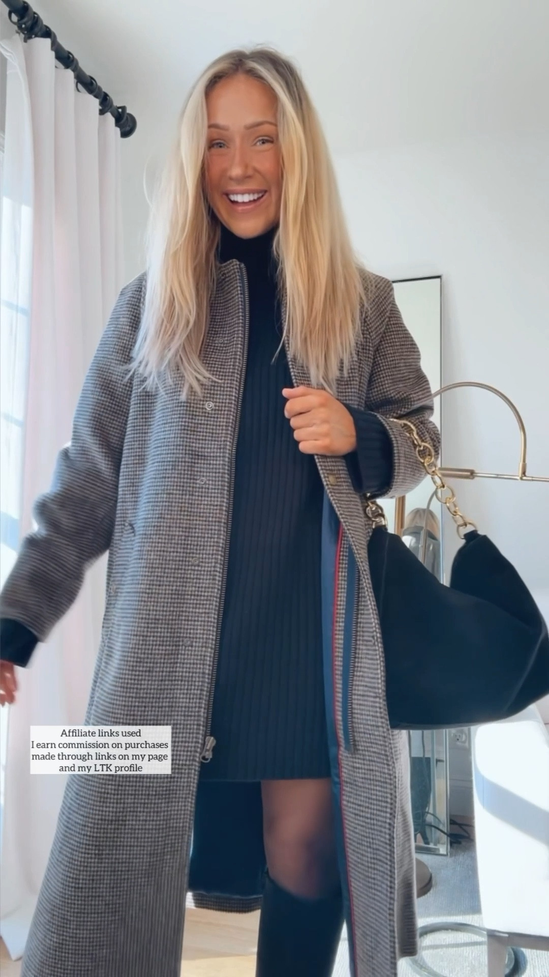 Warm and cozy fall fashion

Checkered coat with corduroy collar barn jacket style
Black sweater dress
Suede bag 