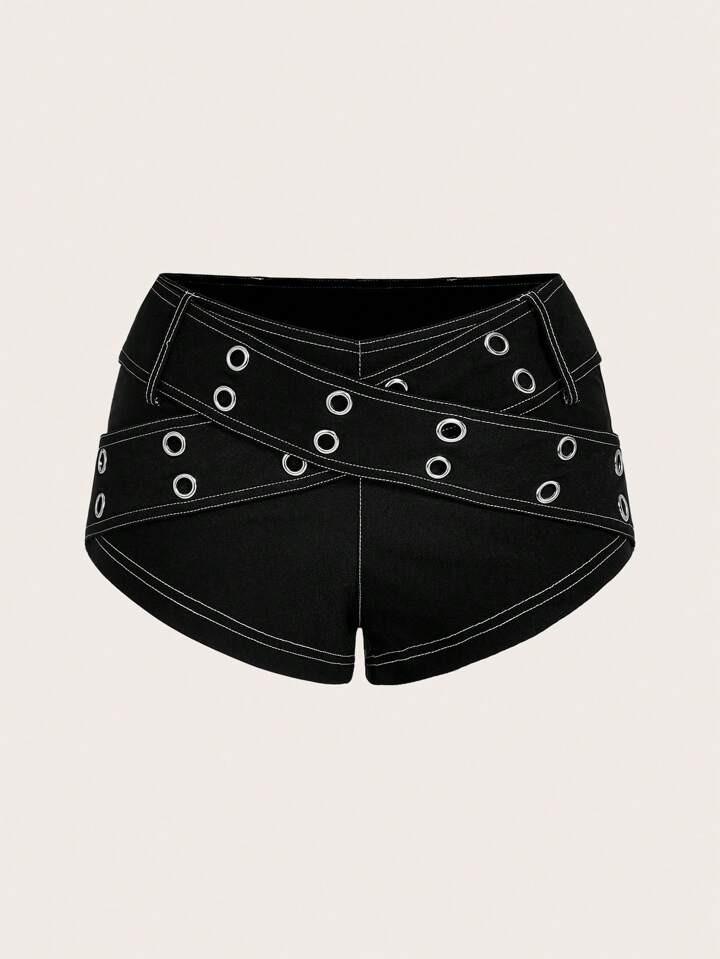 SHEIN ICON Crossed Metal Grommet Decorated Belt Ultra Low Waist Micro Shorts | SHEIN USA | SHEIN