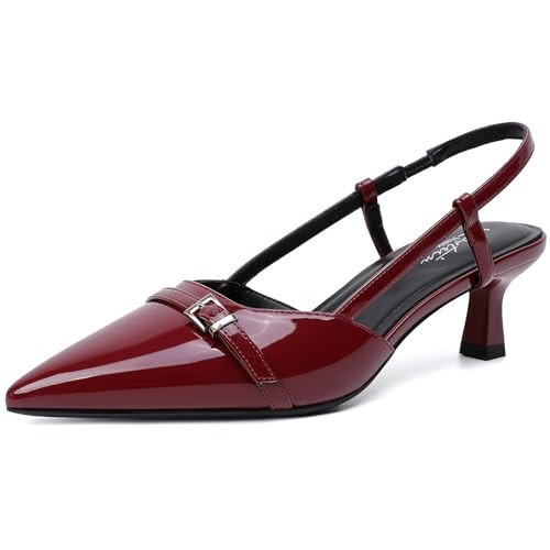 Mostrin Burgundy Kitten Heels for Women Low Heel Closed Pointed Toe Slingback Pumps Buckle Strap Dress Shoes for Daily Office Wedding Size 11 | Amazon (US)