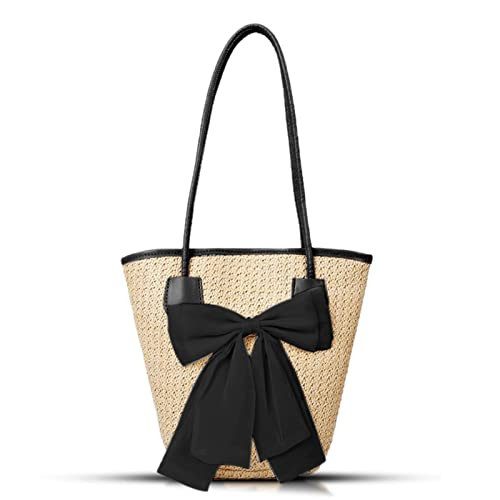 QTKJ Tote Bag for Women, Straw bag, Handwoven Straw Bag, Large bow and Leather Straps Handbag, Woven Bags Suitable for Beach, Travel, Daily Matching (Black) | Amazon (US)