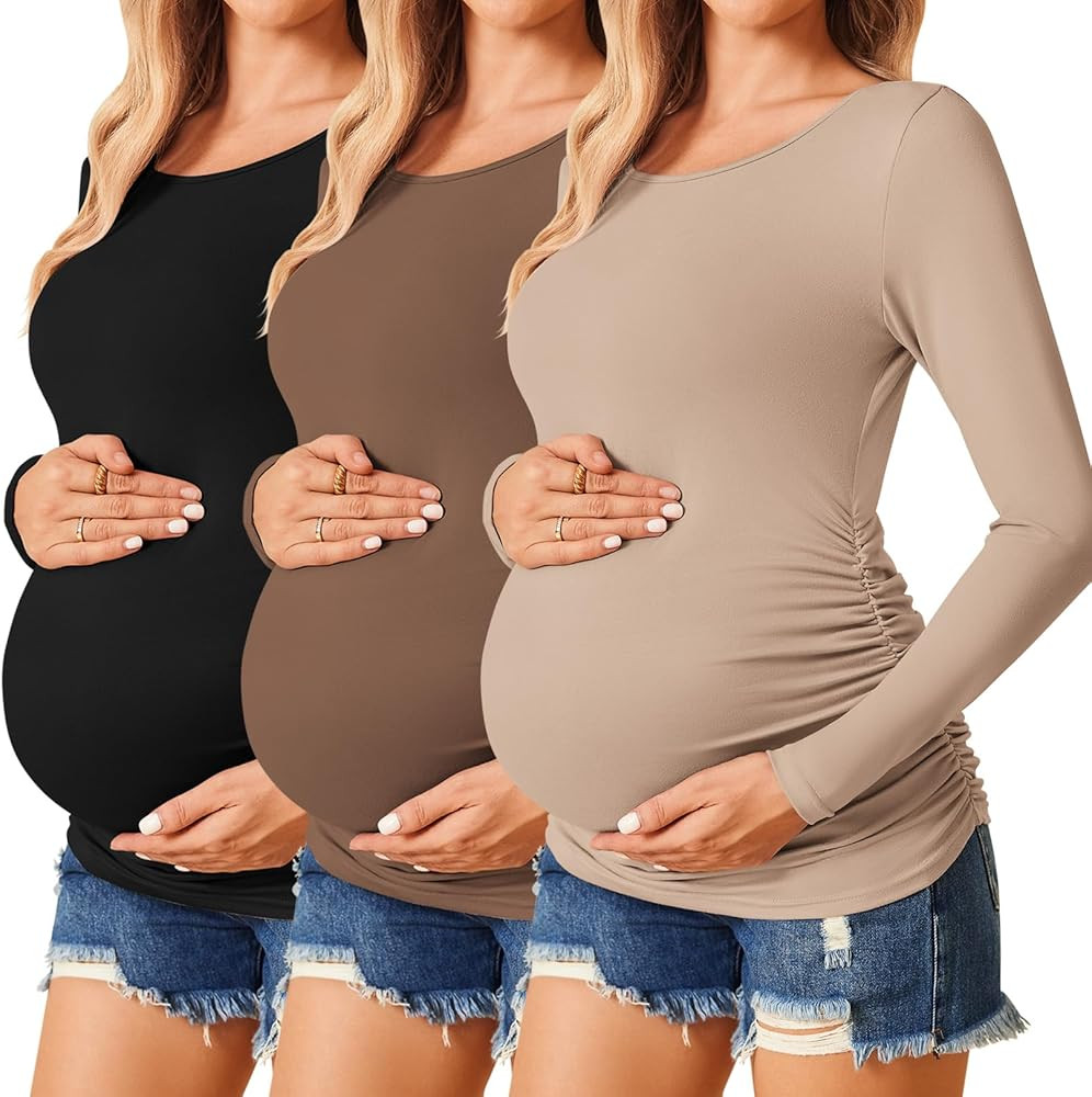 Ekouaer Womens Maternity Shirts Long Sleeve 3 Packs Pregnancy Tee Top Tunic Blouse Casual Mama Cl... | Amazon (US)