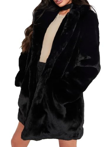 Women's Winter Black Faux Fur Coats Long Sleeve Lapel Snap Pockets Fleece Jacket Casual Outerwear Black S | Amazon (US)