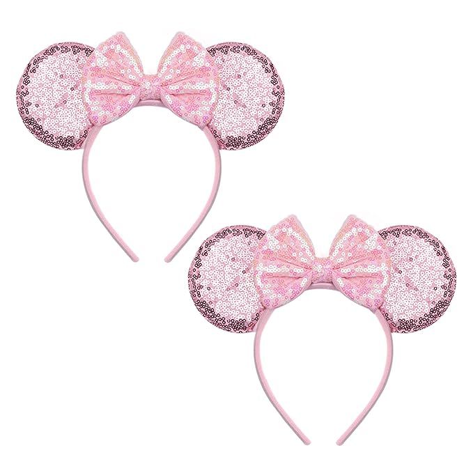 Mouse Ears Headbands ,2Pcs Pink Shiny Bows Headbands for Kids Girls Women Princess Party Decorati... | Amazon (US)