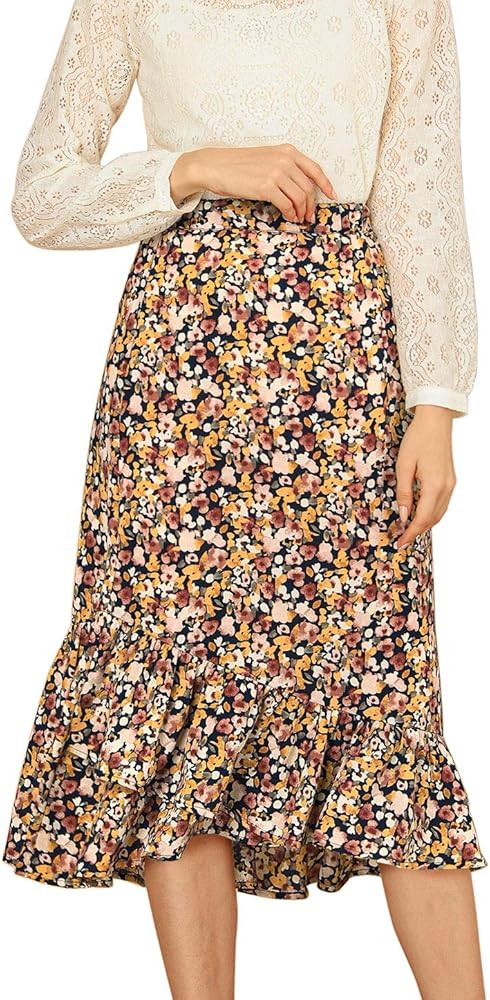 Allegra K Women's Summer Floral Skirt Elastic Waist High Low Ruffle Hem Midi Skirts | Amazon (US)