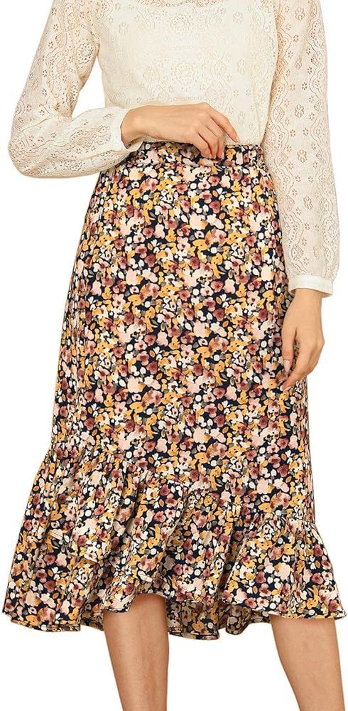 Allegra K Women's Floral Elastic Waist Ruffle High Low Hem Spring Vintage Skirt | Amazon (US)
