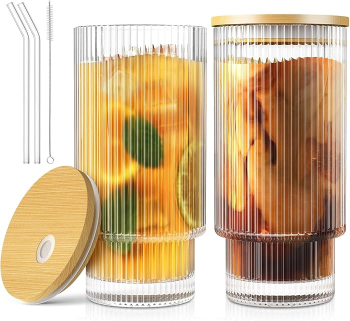 16OZ Glass Cups with Lids and Straws, Vintage Glassware for Whiskey Cocktail Beer, Iced Coffee Cu... | Amazon (US)