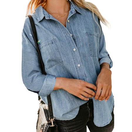 Lieserram Denim Shirt for Women Casual Long Sleeve Button-Up Trendy Chambray Jean Tops | Walmart (US)