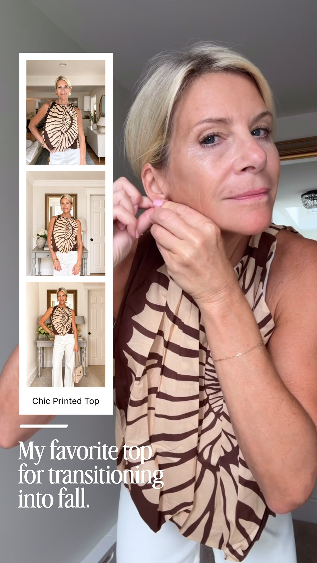 This printed sleeveless top is one of those pieces that instantly makes an outfit feel complete. I love the rich brown and cream print, it adds just the right amount of interest while staying timeless and easy to wear.

👩‍💻 LTK PRO TIPS
❤️ Heart = Support my posts ;-)
🔖 Save = Get sale & restock alerts for the things you love!
📋 Lists = Keep your favorite pieces organized for the season.
📲 Share = Send this look to a friend who loves elevated basics.
💬 Comment = Would you style this with white denim or dark jeans?

#LTKootd #LTKOver40 #LTKMidsize