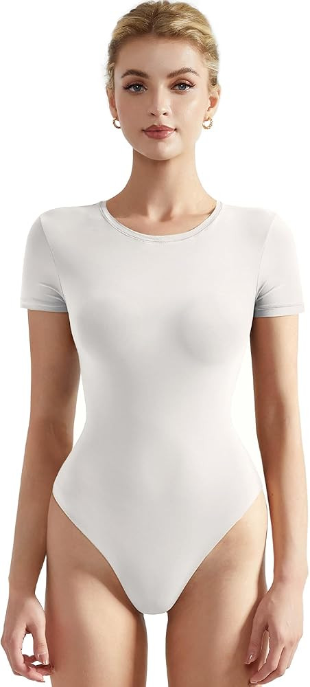 SUUKSESS Women Crew Neck Short Sleeve Thong Bodysuit Shirts Basic Top | Amazon (US)