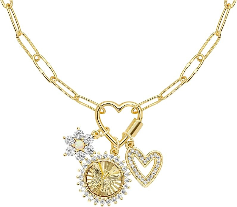 Milla 14K Gold Plated Charm Necklace for Women, 18 inches Paperclip Chain and 2 inches Extension,... | Amazon (US)